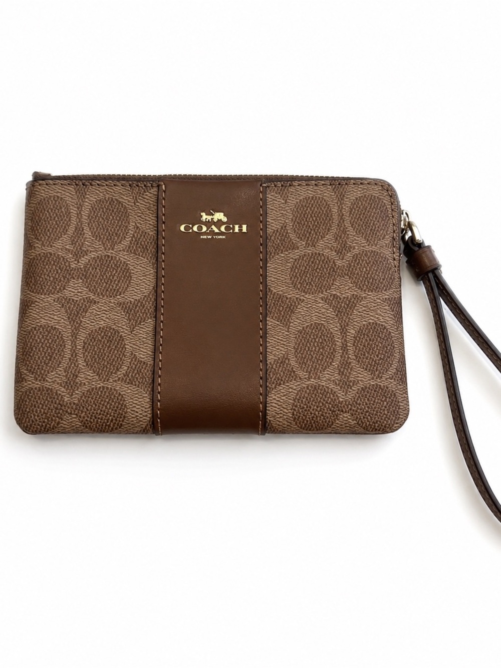 Coach Brown Signature Canvas Wristlet with Leather Trim